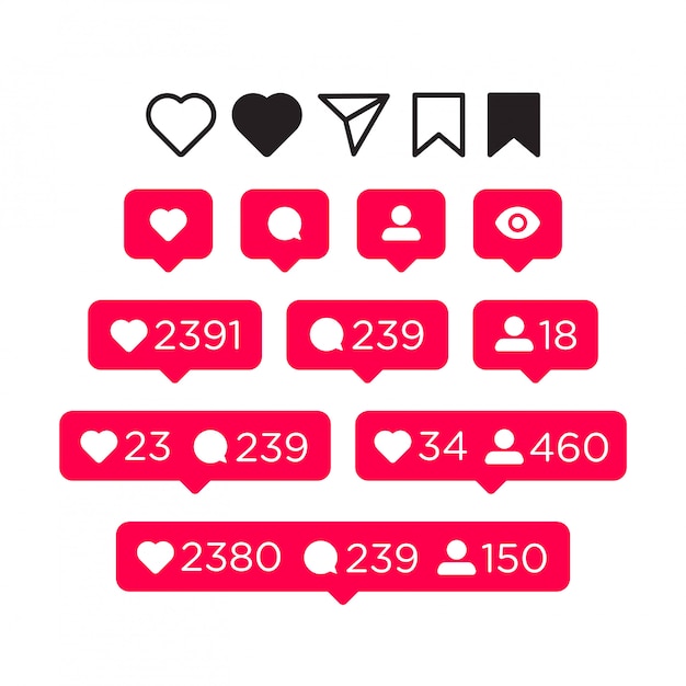  Like, comment, follower and notification icons set. social media concept for interface.  illustrati
