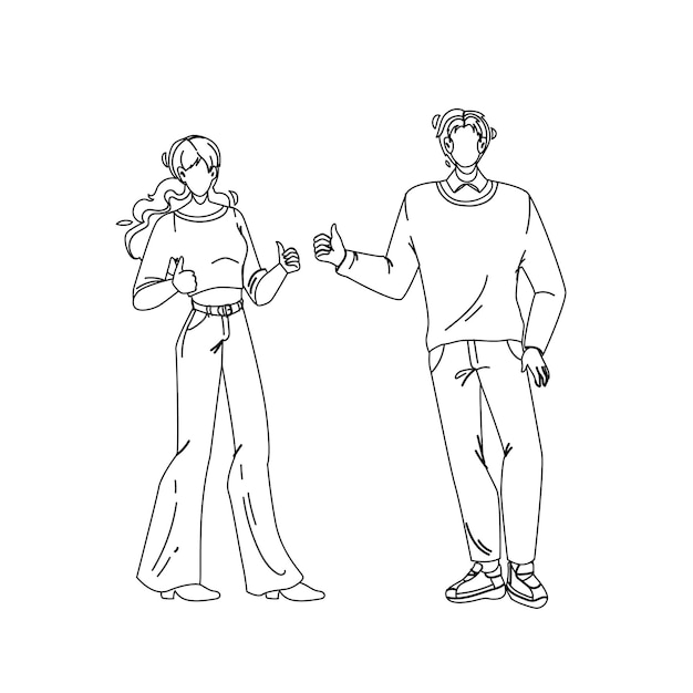 Premium Vector Like Gesture Showing Boy And Girl Couple Black Line Pencil Drawing Vector Friendly Young Man And Woman Gesturing Like Together Characters Friends Approving Or Positive Feedback Emotion Illustration