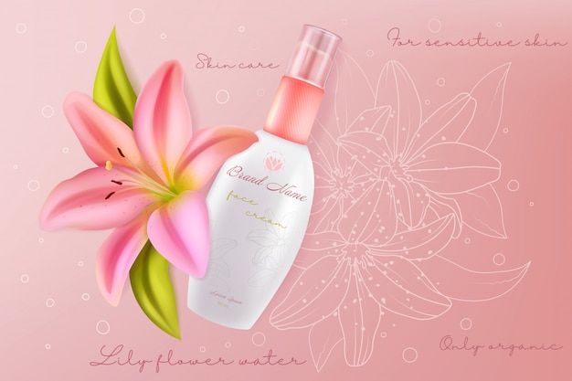 顔敏感肌美容イラストのリリーフェイス化粧品 リアルなパッケージボトル ヘルスケア美容背景の美しいピンクのユリの花の成分とフェイシャルスキンケアクリーム プレミアムベクター