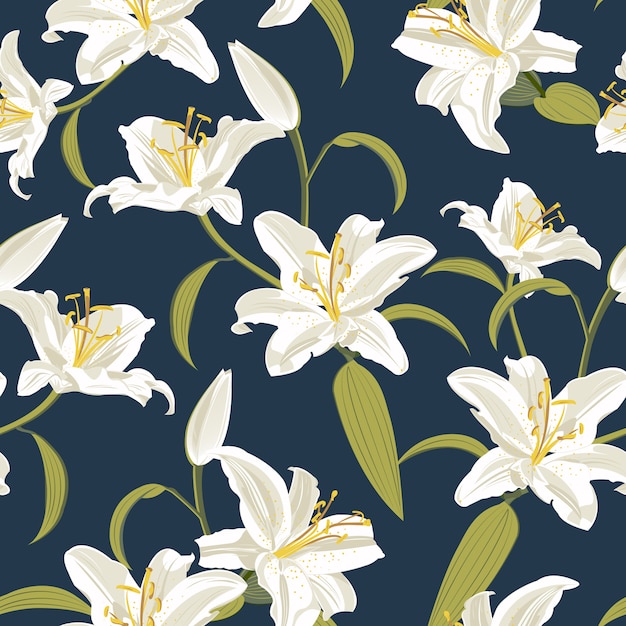 Premium Vector Lily flower seamless pattern on blue background