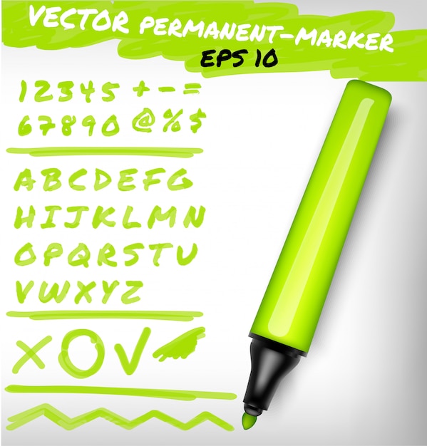 ライムグリーン色の永続的なマーカーペン 手書きの数字セット 数字 図 アルファベットのチェック記号 プラス ラインを開きます フェルトペンイラスト プレミアムベクター