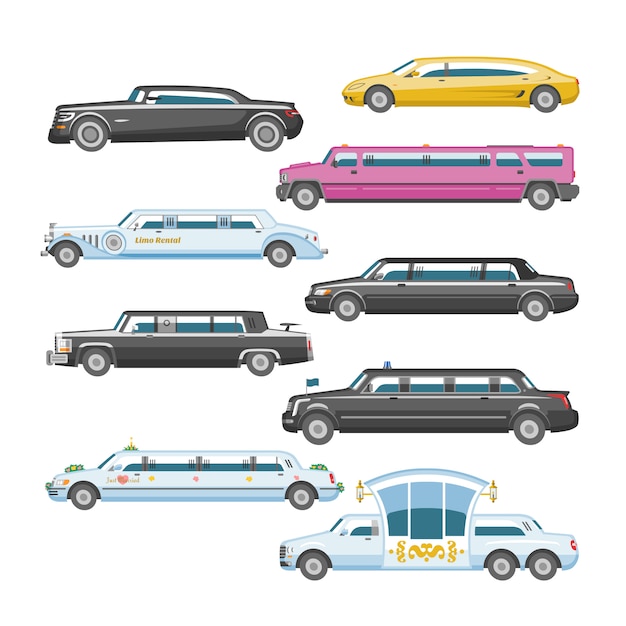 リムジンベクトルリムジン高級車とレトロな自動車輸送と自動車自動車イラストセット白い背景イラストを分離した自動車輸送のシティカー プレミアムベクター