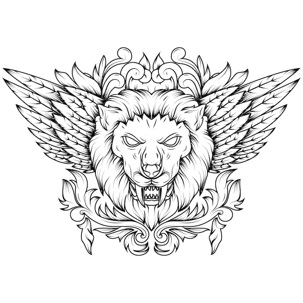 Premium Vector Line Art Illustration Of A Golden Winged Mythical Lion Head