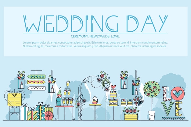 Premium Vector Line Different Decorations And Food Arranged For Wedding Ceremony Outline Decorated Room