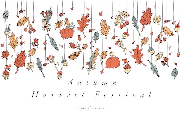 Linear design harvest festival greetings card. typography ang icon for autumn holiday background, ba