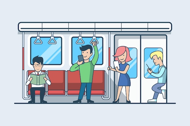 地下のコーチまたは鉄道車両のイラストの線形フラットの人々 輸送とモバイル世代の概念 スマートフォン ビジネスマン 本を読んでいる男の子と女の子 無料のベクター