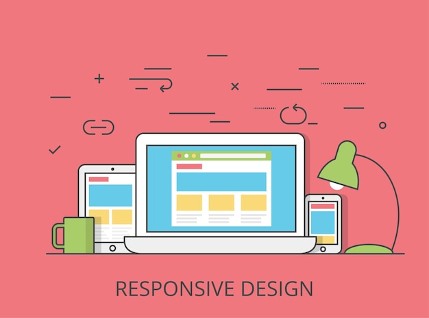 Linear flat responsive web design layout website hero image illustration. app programming technology and software concept. tablet, laptop, smartphone with wireframe. Free Vector