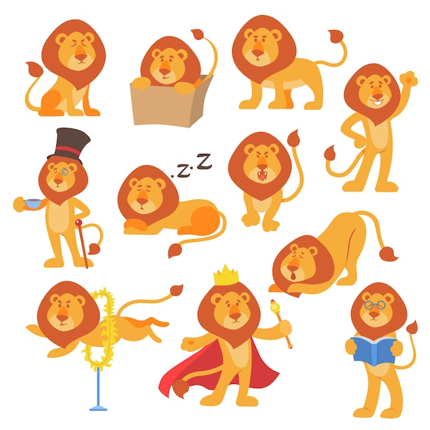 ライオンマスコットポーズ幸せ漫画かわいい野生キャラクターサファリ哺乳類猫ジャングル動物イラスト プレミアムベクター