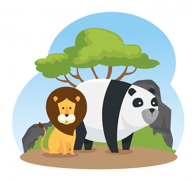 Free Vector Lion and panda wild animals with tree and bushes