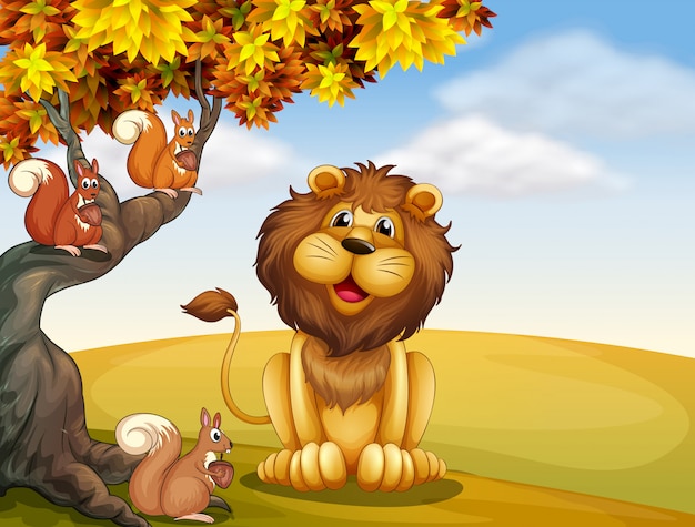 A lion with three squirrels at the hilltop Free Vector
