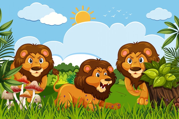 Premium Vector Lions In Jungle Scene