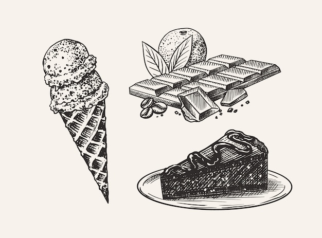 リキュールデザート アイスクリームとケーキとチョコレートバー 刻まれた手描きのビンテージスケッチ 木版画のスタイル メニューやポスターのイラスト プレミアムベクター
