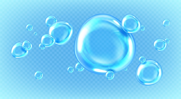 透明な背景に分離された水中の液滴または気泡 きれいな雨滴 透明なアクアの青い純粋なボール 3dの光沢のある露または涙の現実的なセット 無料のベクター