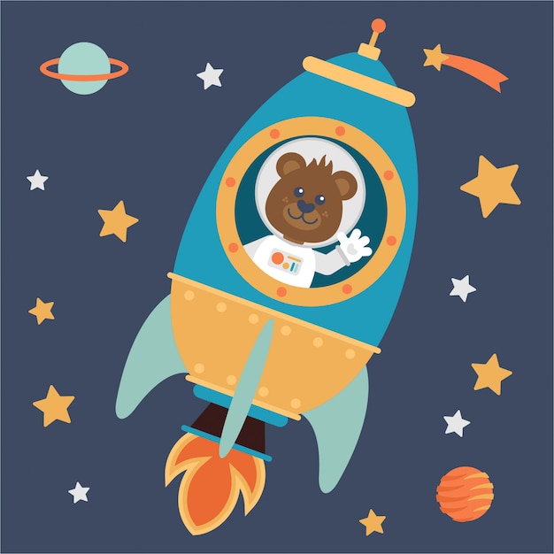 Premium Vector | Little astronaut bear on a space rocket