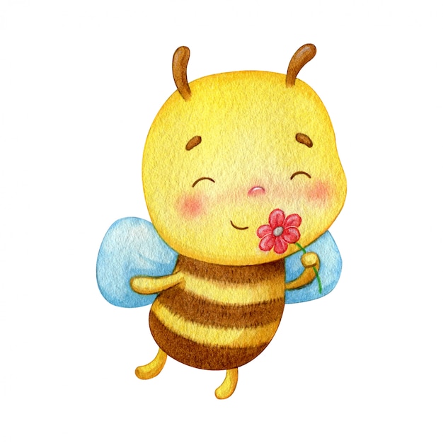 小さな蜂のキャラクターは赤い花の匂いがします 幸せなかわいい昆虫水彩イラスト プレミアムベクター