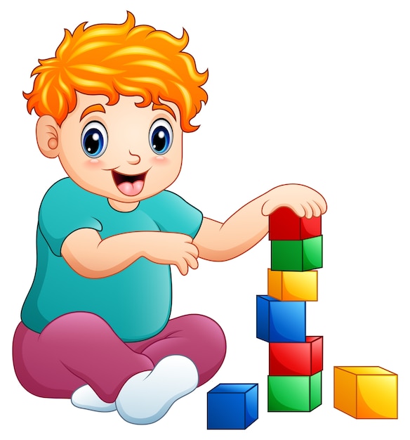 Premium Vector | Little blonde haired boy sitting and playing with toy ...