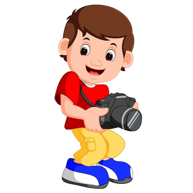 Download Little boy cartoon holding camera Vector | Premium Download