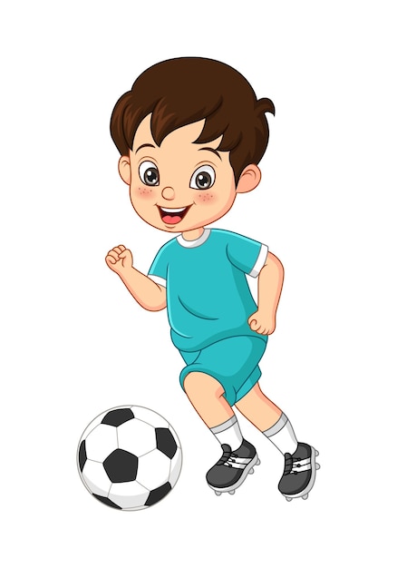 Premium Vector Little Boy Cartoon Playing Soccer On White Background