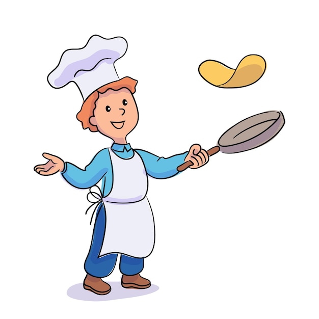 小さな男の子はフライパンでパンケーキを投げる料理人 プレミアムベクター