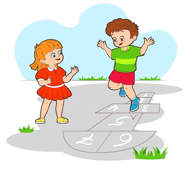 Premium Vector | Little boy and girl jumping up playing hopscotch ...