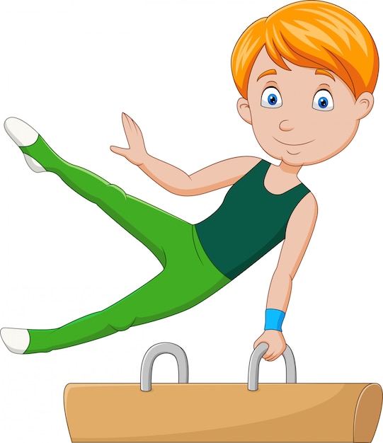 Download Little boy gymnast doing a pommel horse | Premium Vector