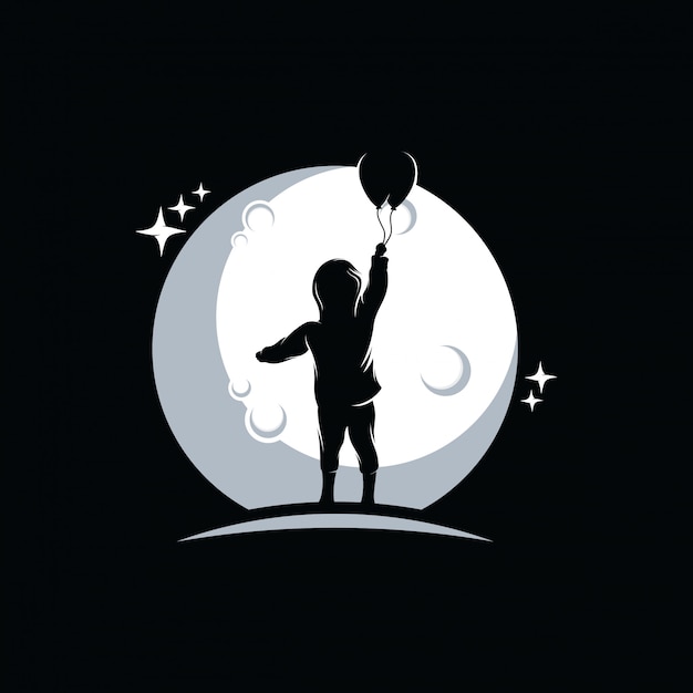 Premium Vector | Little boy holds balloons on the moon background