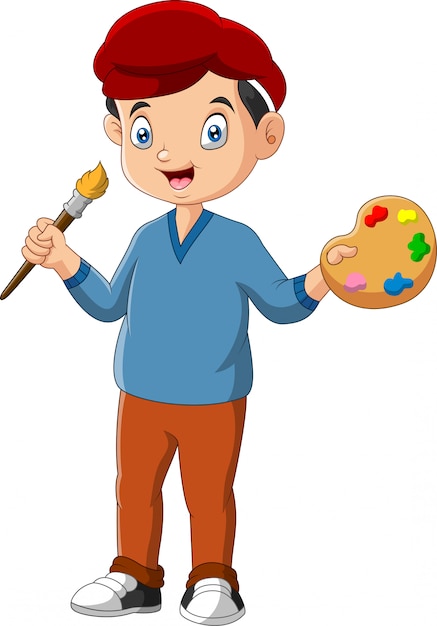 Premium Vector | Little boy is holding paintbrush