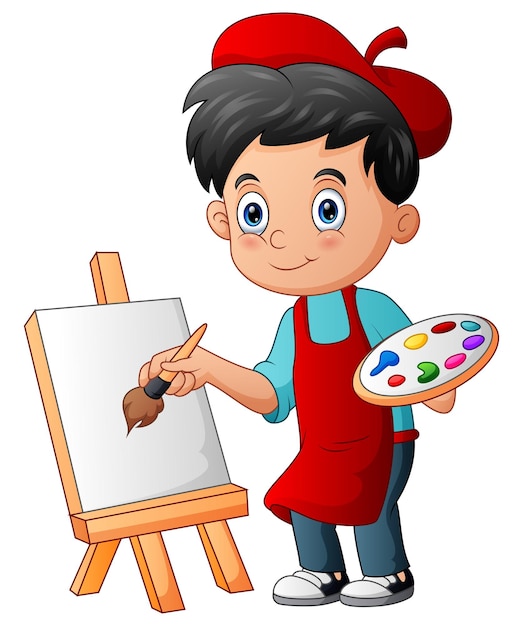 Premium Vector | Little boy is painting with paintbrush illustration