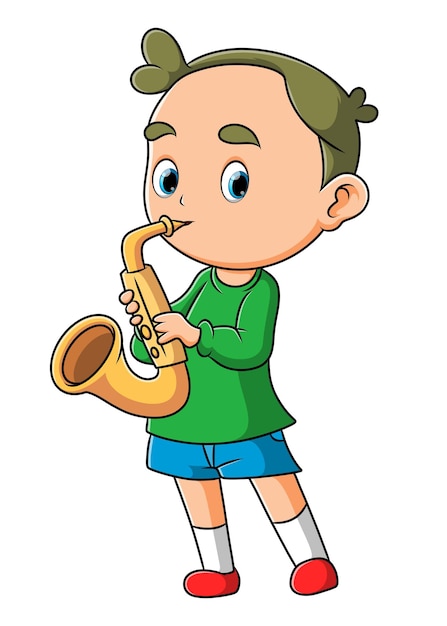 Premium Vector | The little boy is playing and blowing saxophone of ...