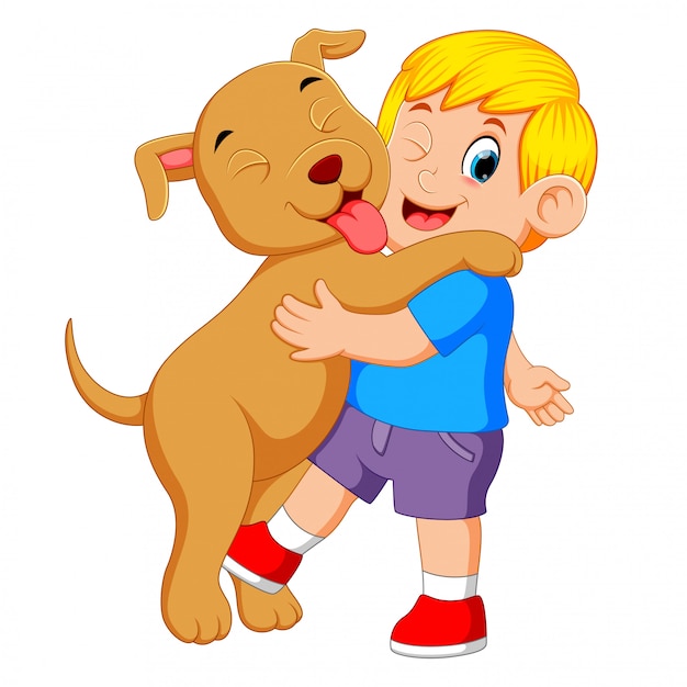 Premium Vector | A little boy is playing and holding his big dog