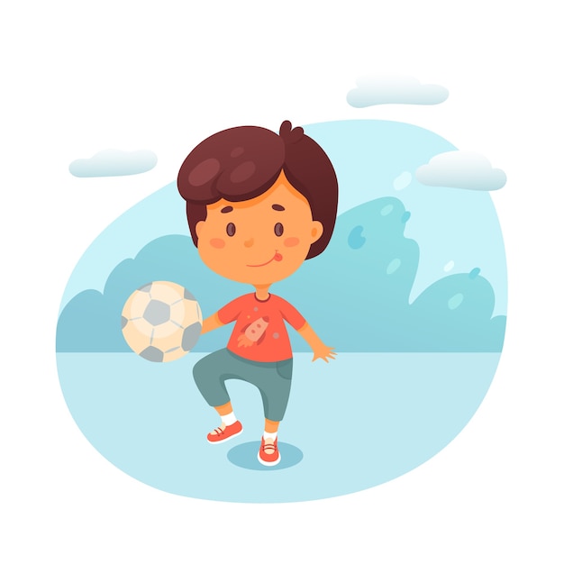 Premium Vector Little Boy Kicking Ball Flat Illustration Cute Kid Playing Football Outdoors Cartoon Character Footballer Soccer Fan Training On Stadium Playground Children Hobby Leisure Pastime