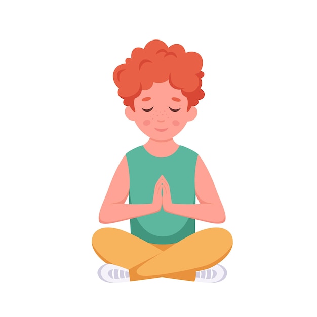 Premium Vector | Little boy meditating in lotus pose gymnastic ...