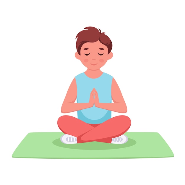 Premium Vector | Little boy meditating in lotus pose gymnastic ...