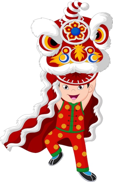中国の獅子を踊っている少年 プレミアムベクター