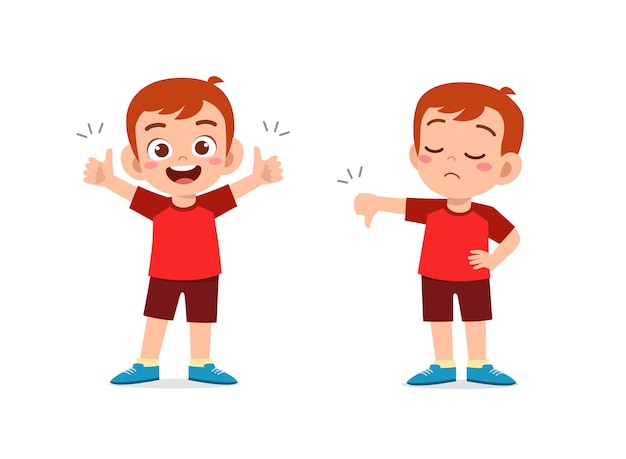 Premium Vector | Little boy show hand gesture thumb up and thumb down