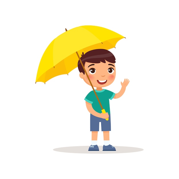 Premium Vector | Little boy standing under an umbrella. vector ...