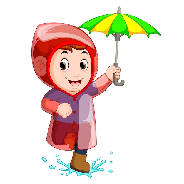 Little boy wearing raincoat and holding umbrella | Premium Vector