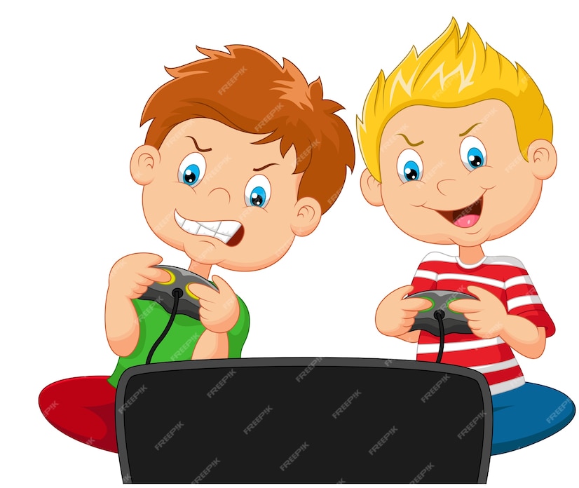 Premium Vector | Little boys playing video game