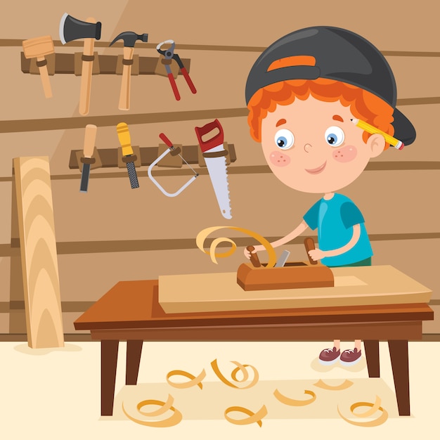 Little cartoon carpenter working with woods Premium Vector