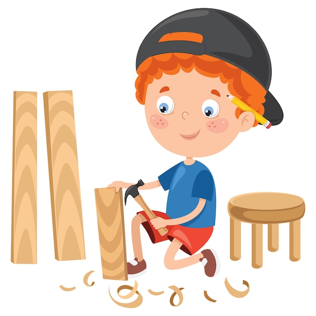 Premium Vector | Little cartoon carpenter working with woods