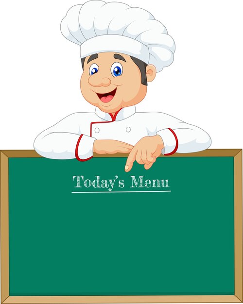 Premium Vector | Little chef pointing at a banner or menu