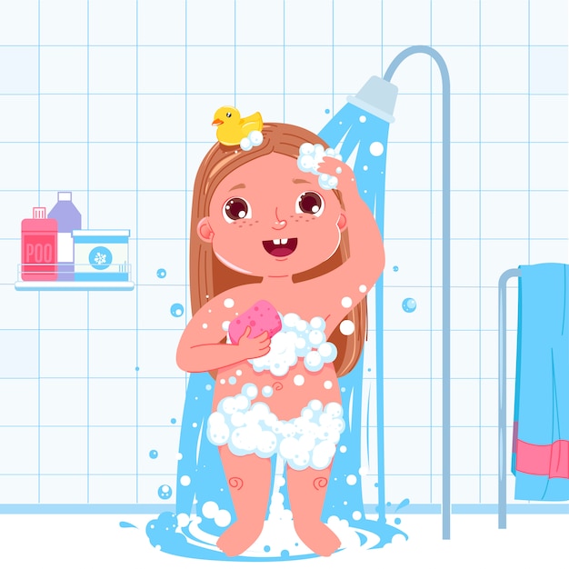 無料のベクター 小さな子供の女の子キャラクターがシャワーを浴びます 日常生活バスルームのインテリアの背景