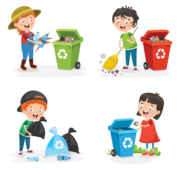 Little children cleaning and recycling garbage Vector | Premium Download