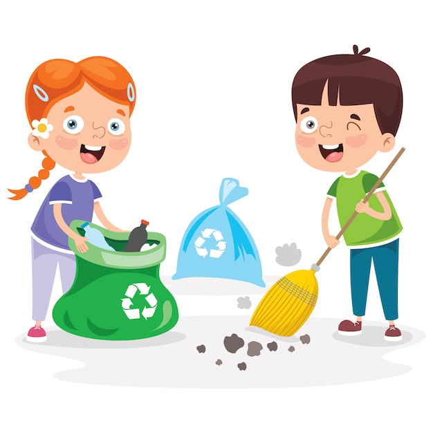 Premium Vector Little Children Cleaning And Recycling Garbage