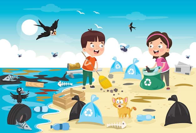 Premium Vector | Little children cleaning and recycling garbage