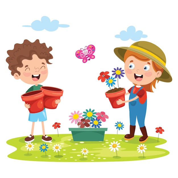 Premium Vector Little Children Gardening And Planting