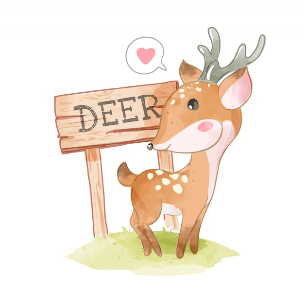 小さなかわいい鹿と鹿の木サインイラスト プレミアムベクター