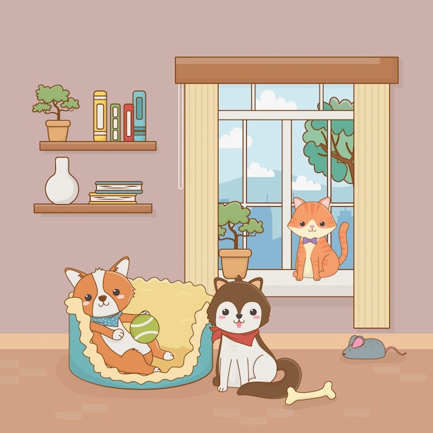 Premium Vector | Little dog and cat mascots in the house room