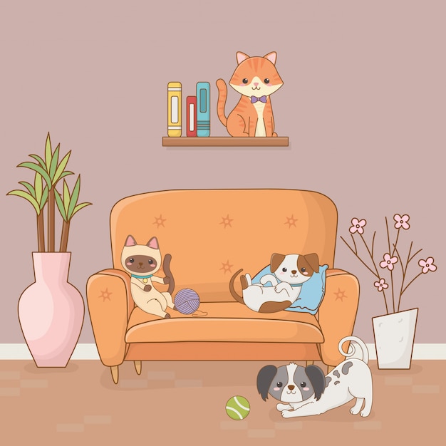 Premium Vector | Little dog and cat mascots in the house room