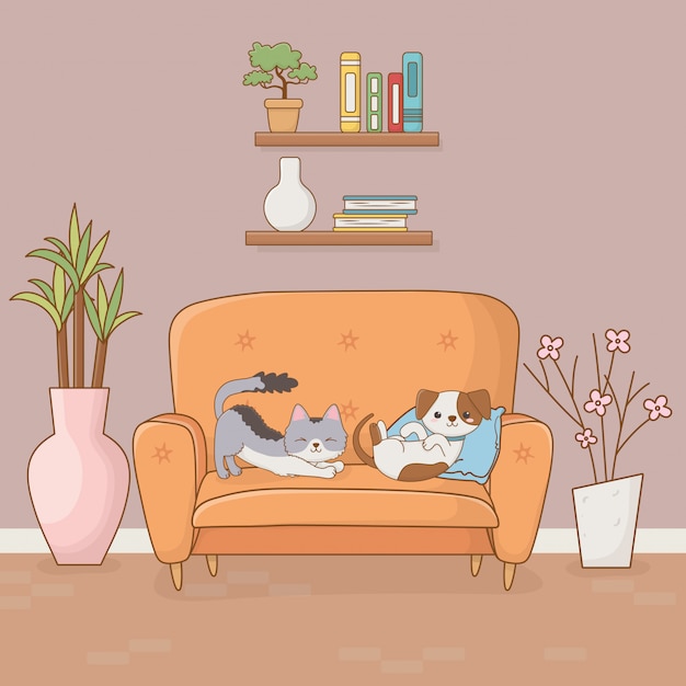 Premium Vector | Little dog and cat mascots in the house room